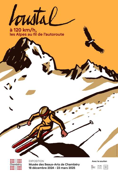 Affiche de l'exposition Loustal à 120 km/h, les Alpes au fil de l'autoroute présentée au musée des Beaux-Arts du 18 décembre 2024 au 23 mars 2025